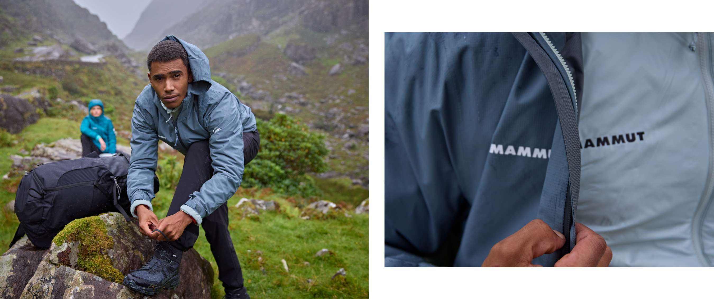 Twee beelden: wandelaar zit op een rots bij rugzak in een mistig berglandschap; close-up van jas met zichtbaar Mammut-logo.