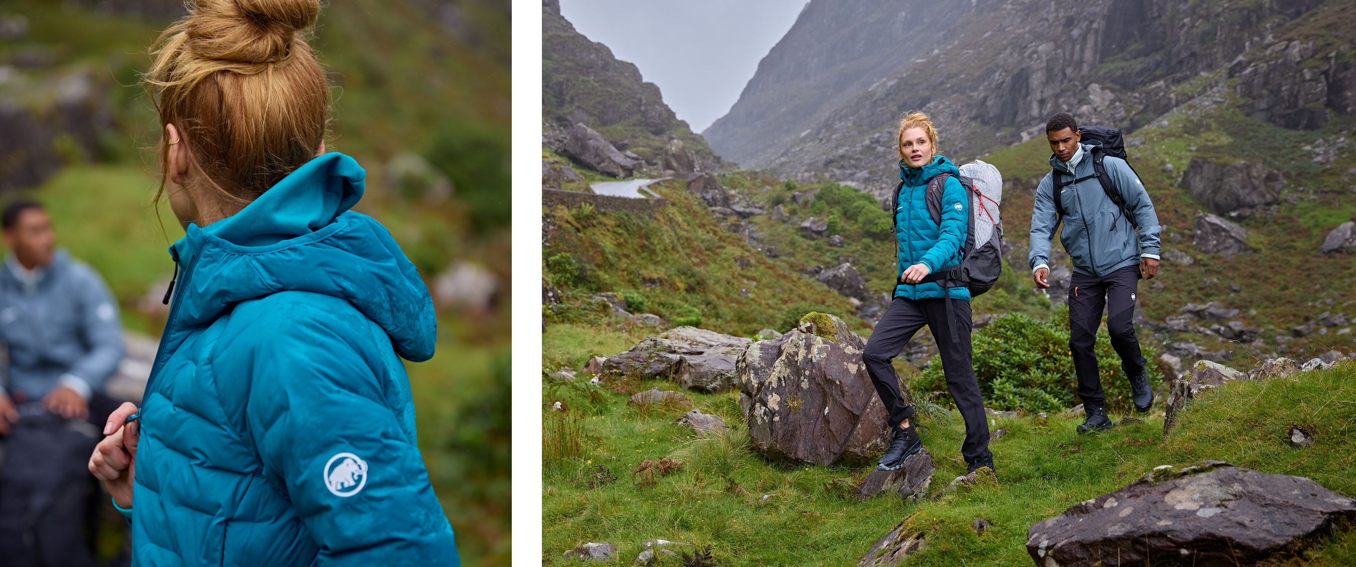 Twee beelden: vrouw kijkt om in blauwe jas tijdens een wandeling; twee wandelaars stappen over rotsachtig terrein in een groene bergvallei.